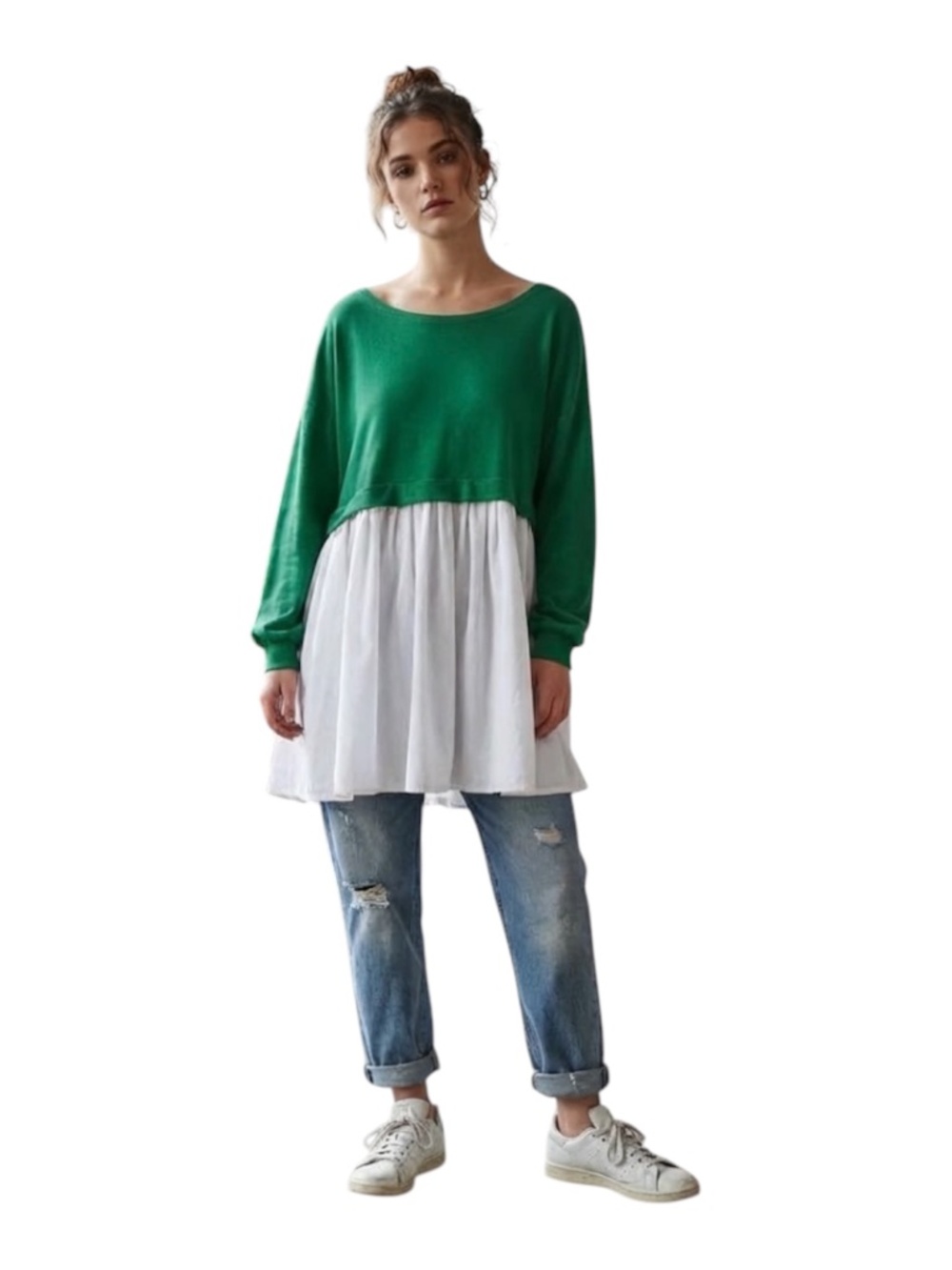 Free People Eleanor Sweatshirt Tunic Dress Sz L Kelly Green White Slouchy Boho